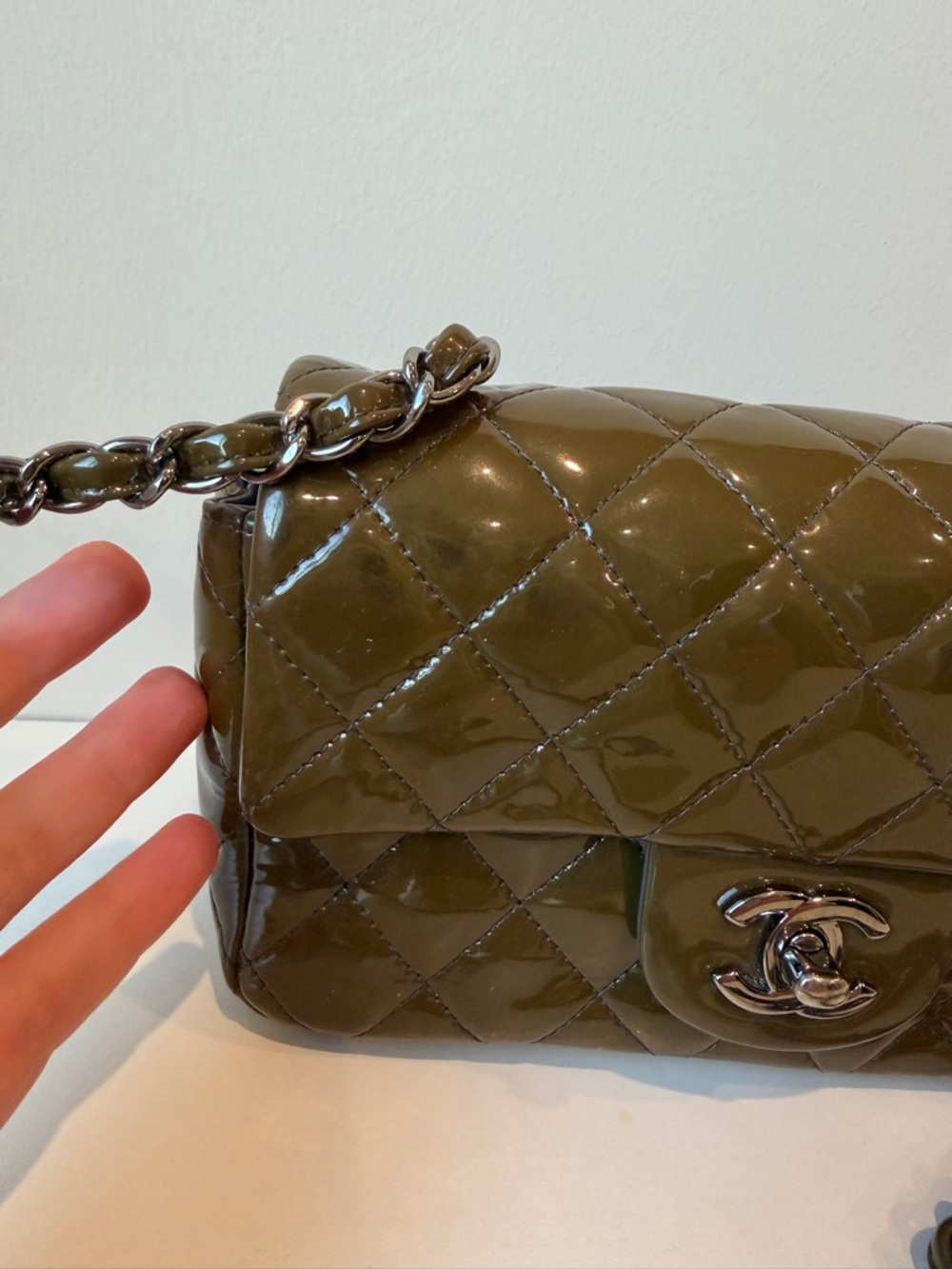 CHANEL Quilted Patent Leather Mini Flap Bag in Olive - Picture 3 of 16
